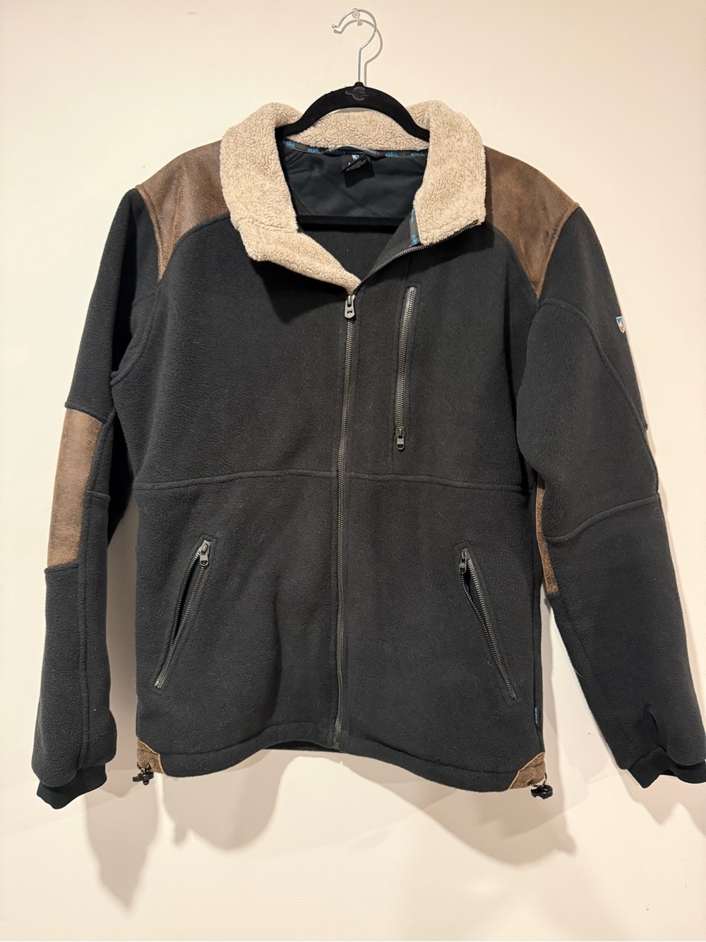 Kuhl Alpenwurx Mens Full Zip Fleece Jacket Black Size Large Faux Suede Tan Trim